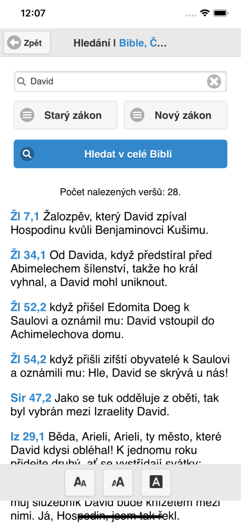 Search interface of the Bible CLP Czech liturgical app showing results for the name David across several biblical verses.