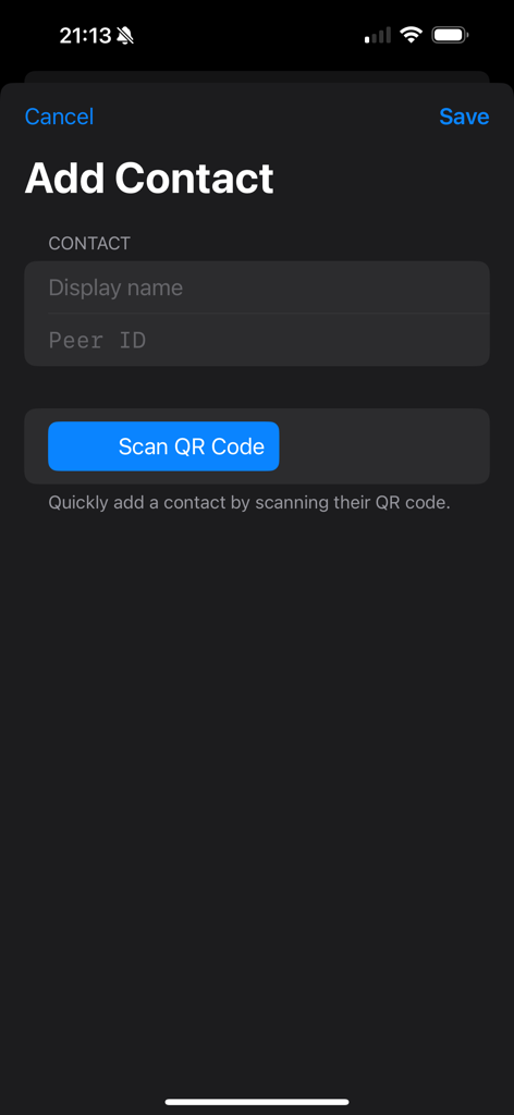 MeshTalk Chat - Interfaz para añadir un nuevo contacto en MeshTalk Chat con un botón para escanear un código QR.