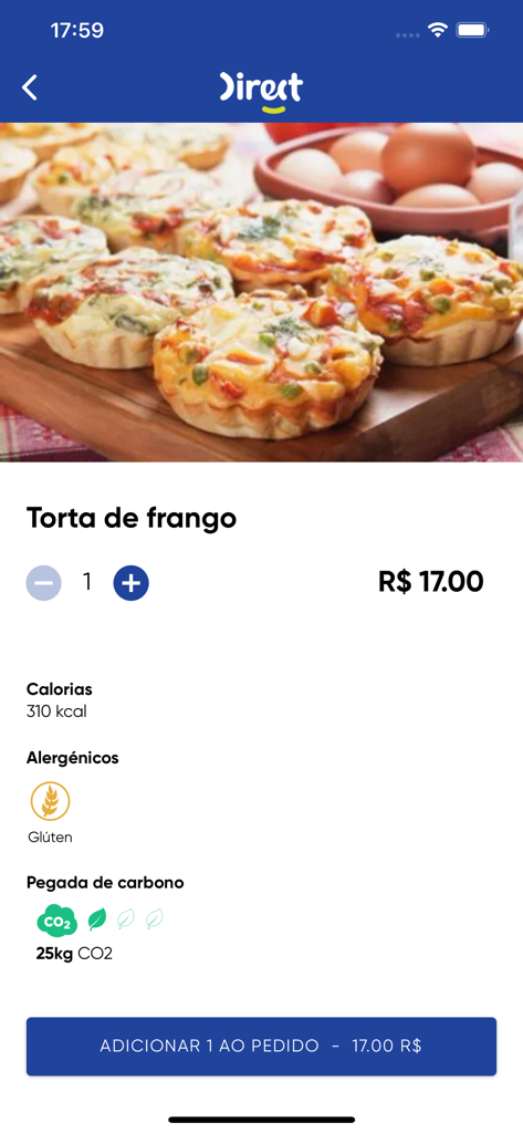 Sodexo Direct - Sodexo Direct app product page for a chicken pie showing calories and nutritional info