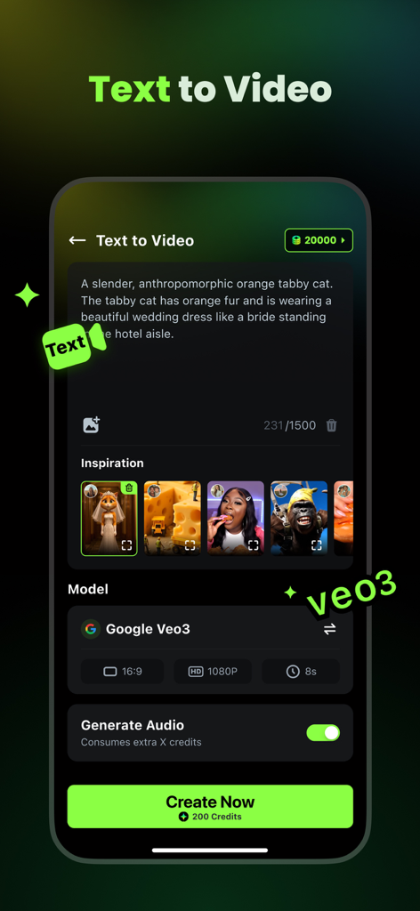 AI Catch: AI Video Generator - Mobile app interface of AI Catch showing text to video generation settings and a prompt box