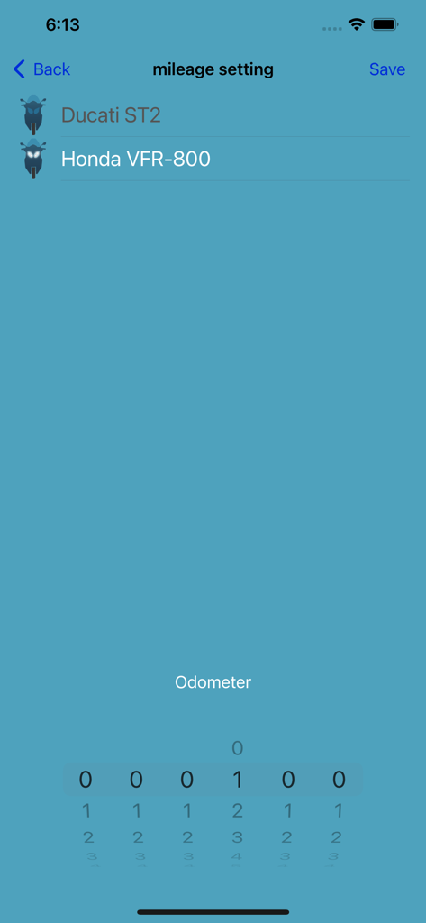 My_Moto - My_Moto app screen showing mileage setting and odometer entry for a Honda VFR-800 motorcycle.