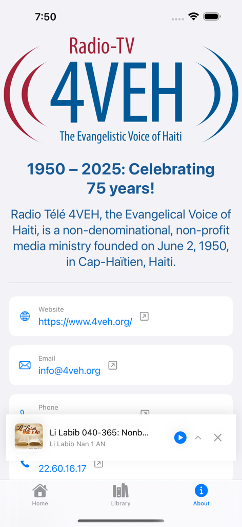 Radio 4VEH - About page of the Radio 4VEH app showing contact information and ministry history