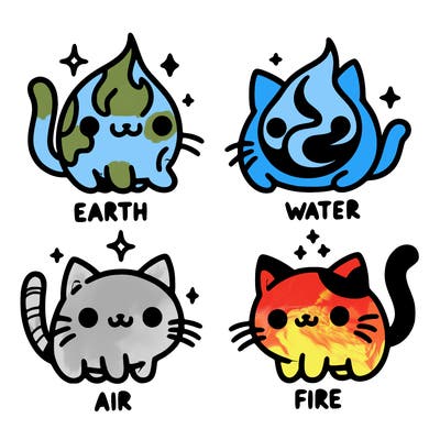 4 cats that represent the different elements, earth, water, air, and fire