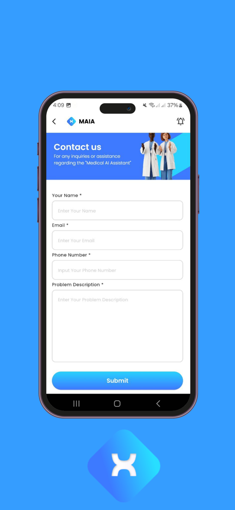 Contact form of the MAIA Medical AI Assistant app for healthcare inquiries.