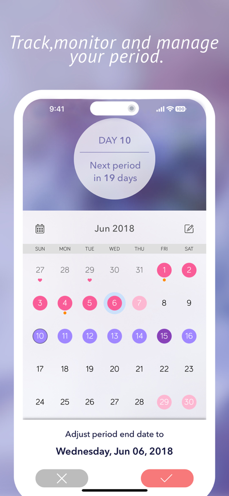 Monthly Cycles - Monthly Cycles period tracker app showing a monthly calendar with cycle logs