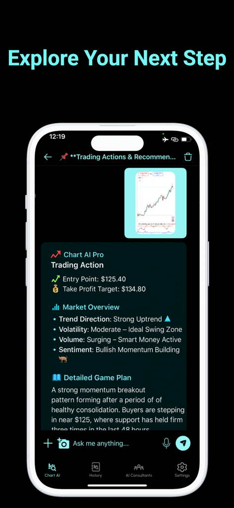 Écran de l'application Chart AI Pro affichant les détails des actions de trading et un aperçu du marché