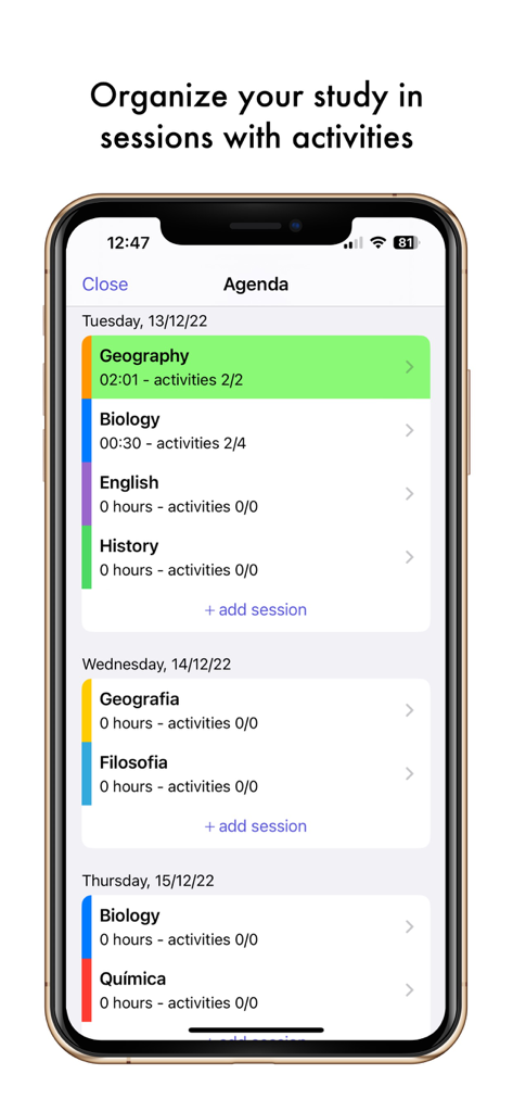 Easy Study - Timetable Planner - Interface of the Easy Study app showing a color-coded study agenda with daily subjects and activity progress.