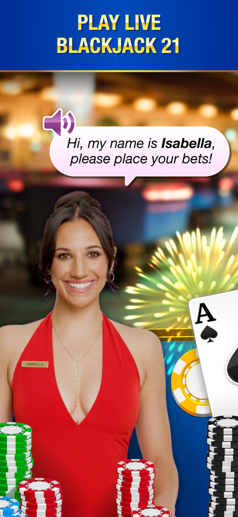 Live host Isabella welcoming players to a game of Blackjack Live Casino 21
