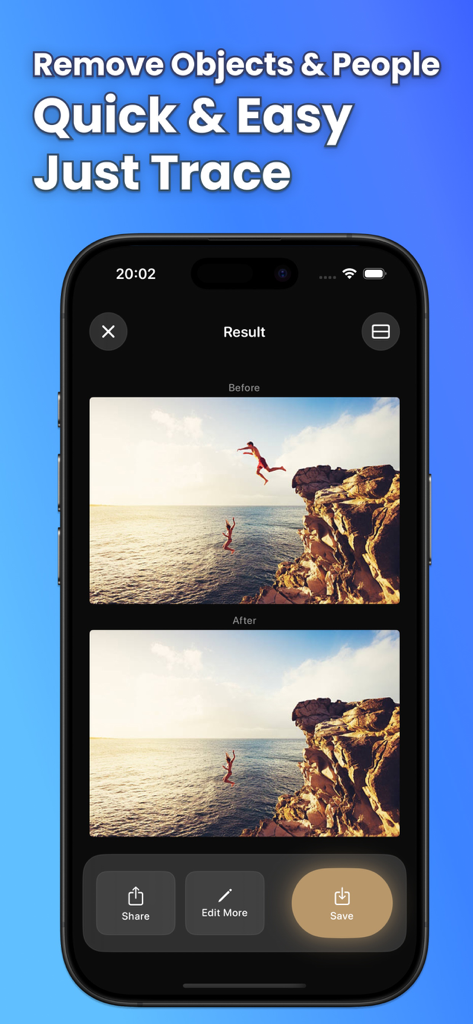 AI Eraser - Remove Objects - Before and after comparison showing a jumping person being removed from a coastal cliff photo using AI Eraser