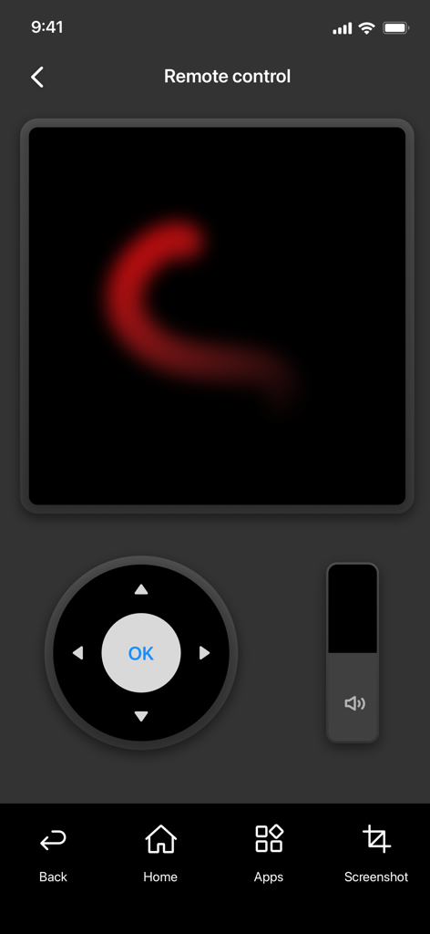 A smartphone interface displaying the remote control feature for Newline Cast plus with a directional pad and volume controls