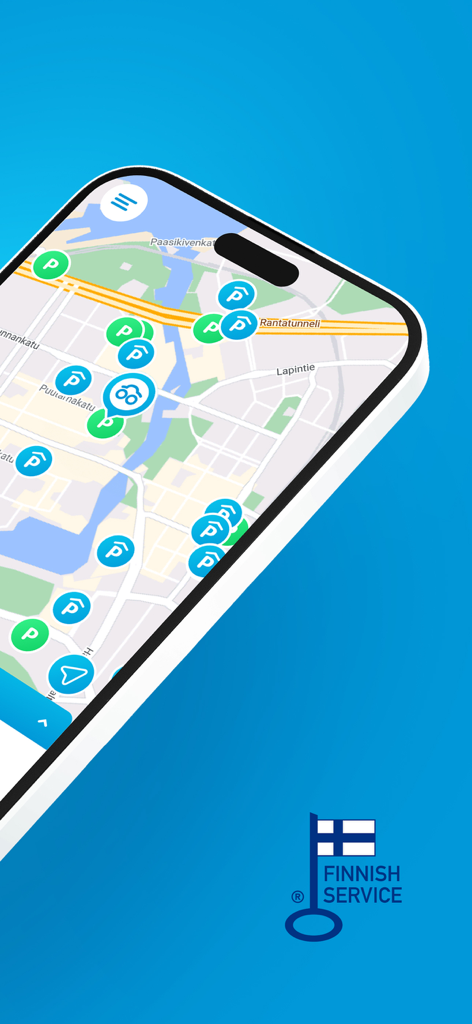 Smartphone displaying the Moovy app map with various parking location icons in a Finnish city