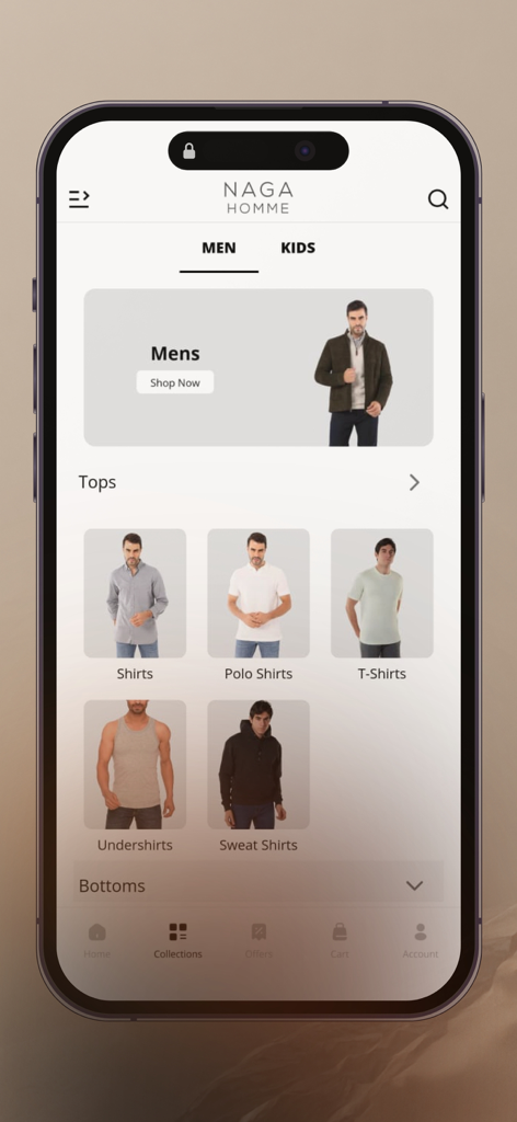 Naga Homme - Naga Homme app screen showing men fashion categories for tops
