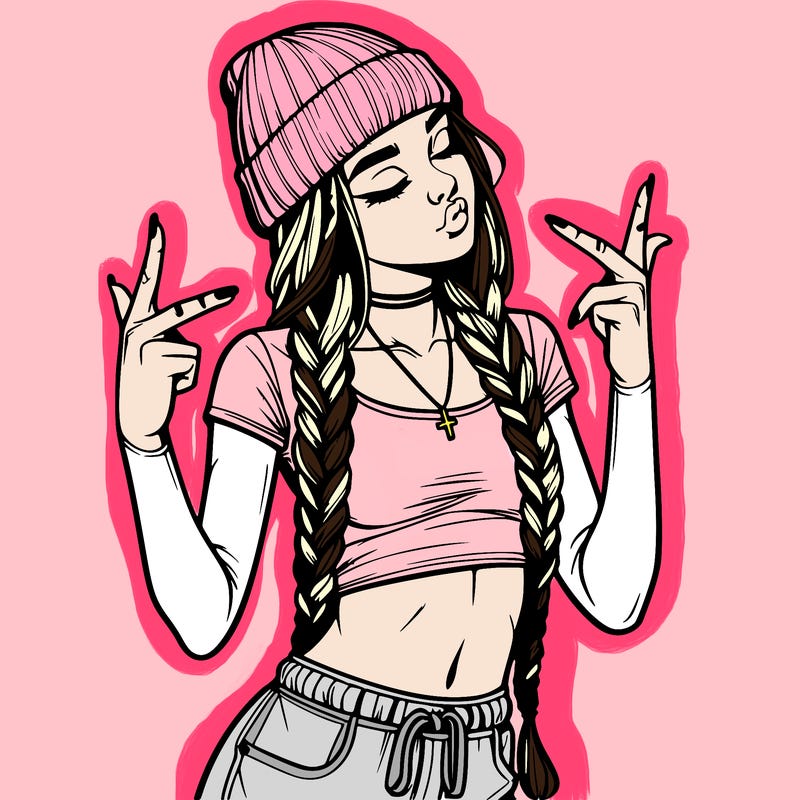 realistic teenage girl with braids and a beanie and crop top doing 🫶🏼