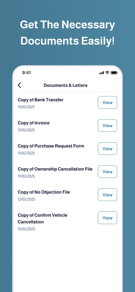 Mazad By Motory - Car Auctions - Ein mobiler App-Bildschirm mit einer Liste von Auktionsdokumenten und Rechnungen, einschließlich Banküberweisungen und Eigentumsdateien