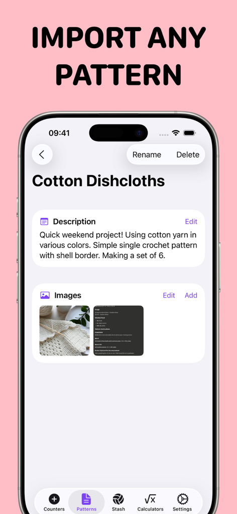 Crochet Row Counter: Ares - Interfaz de la aplicación Ares que muestra cómo importar y organizar patrones de crochet con detalles del proyecto e imágenes.