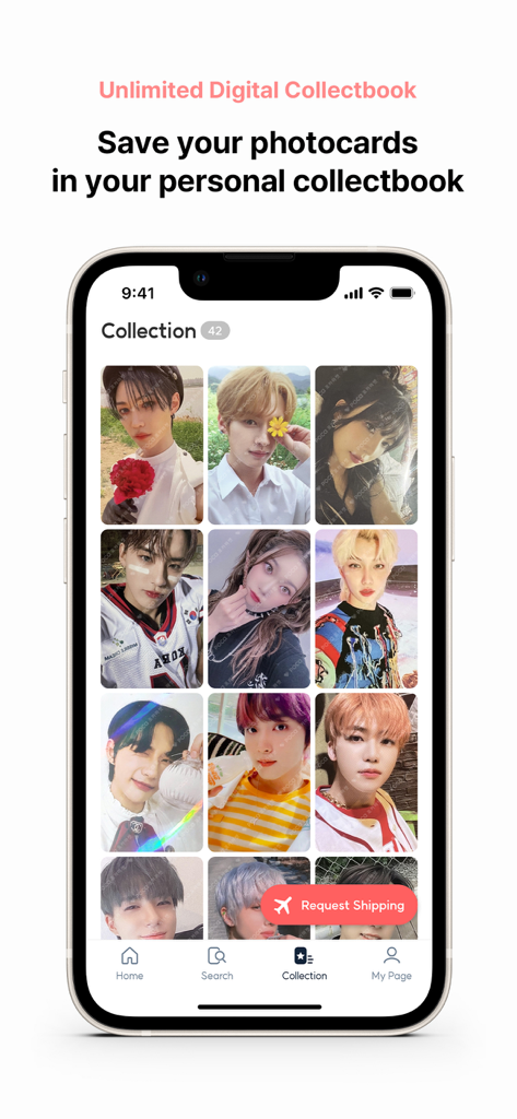 Pocamarket: Get Kpop Photocard - Tela de um aplicativo móvel mostrando uma coleção digital de vários photocards de ídolos de K-pop com um botão de solicitação de envio
