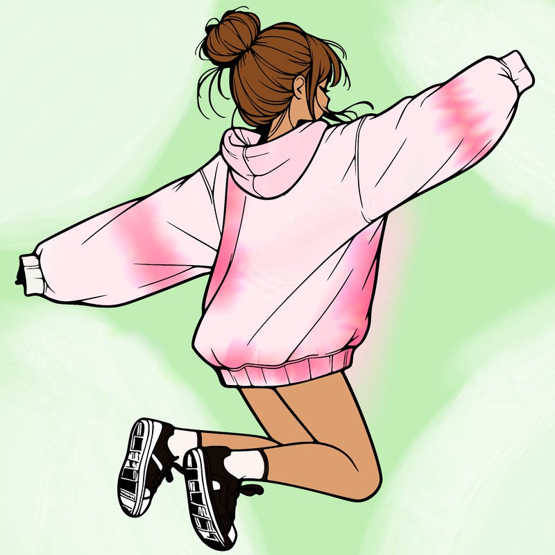 realistic girl jumping with a bun and oversized sweatshirt