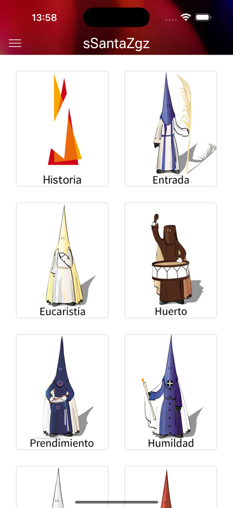 sSantaZgz - Menu showing various Zaragoza Holy Week brotherhoods with illustrations of their traditional habits and hoods
