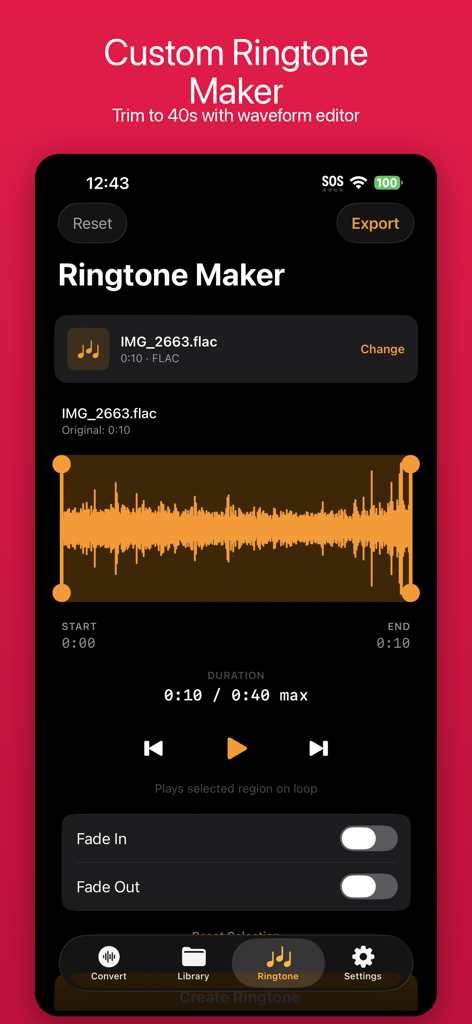 LudyVAC - Video to Audio - Interface du créateur de sonneries de l'application LudyVAC avec un trimmer audio de forme d'onde visuelle et des contrôles de fondu