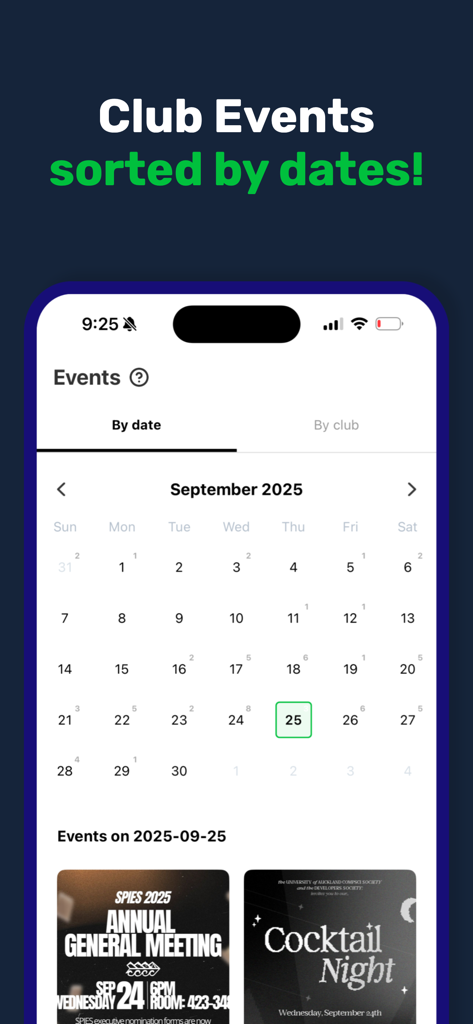 Quad - UoA Student Hub - University student hub app showing club events calendar and upcoming social activities.