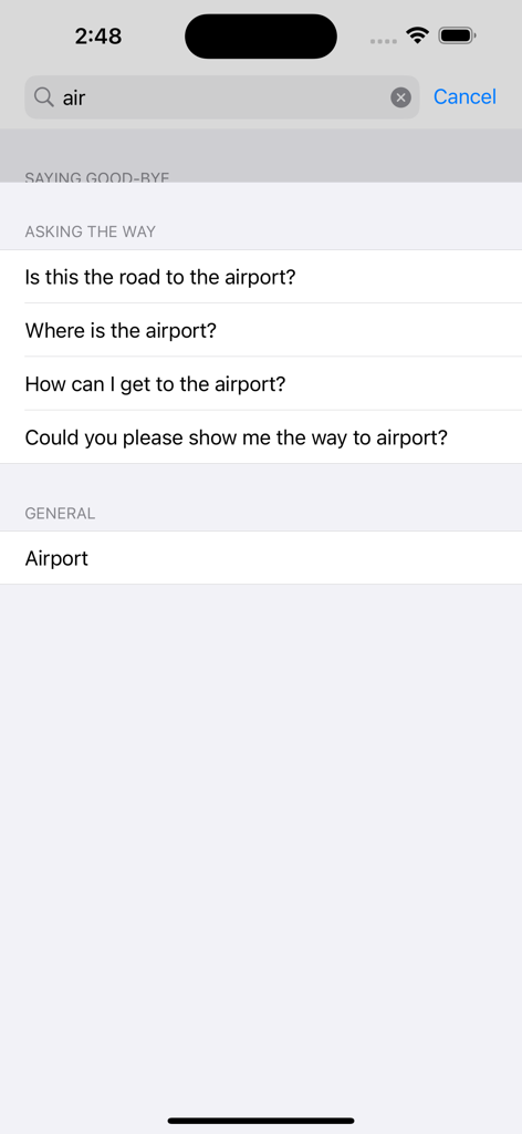 Speak Chinese 101 - Speak Chinese 101 app search interface showing travel phrases for the airport