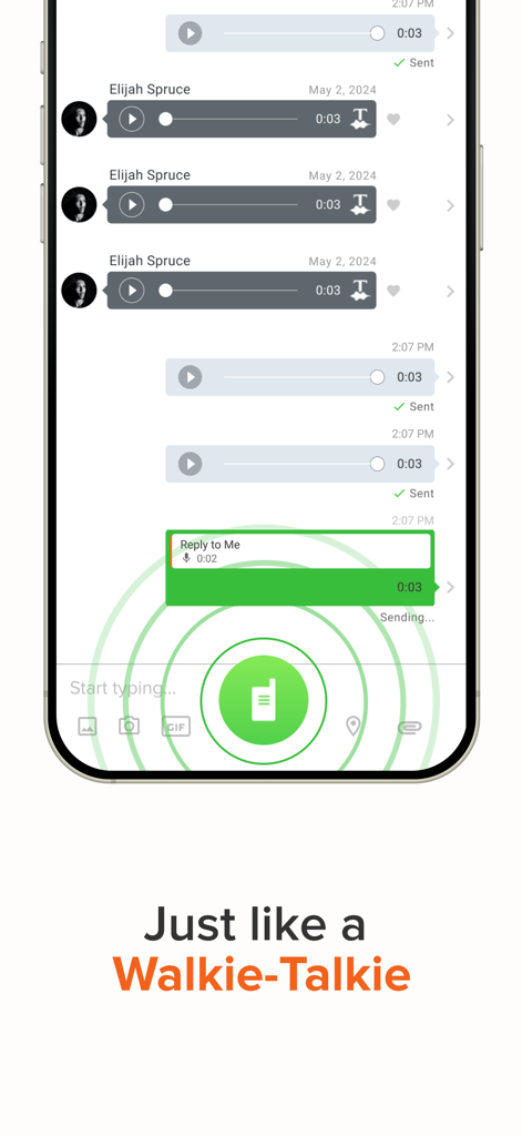 Voxer app chat interface showing voice messages and a large push to talk button