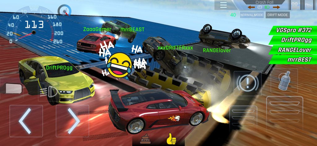 Online Drift Arena - Multiplayer car battle in Online Drift Arena featuring cars falling and a laughing emoji in Crash Fall mode.