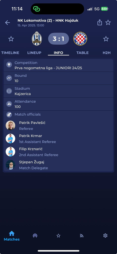 HNS SEMAFOR - Screenshot of the HNS SEMAFOR mobile app displaying match information including the final score, stadium details, and officials for a Croatian football match.