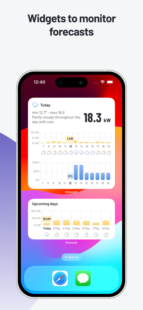 Kilowatt Solar Energy Forecast - Pantalla de inicio del iPhone mostrando widgets de la aplicación Kilowatt para pronósticos de energía solar diarios y semanales
