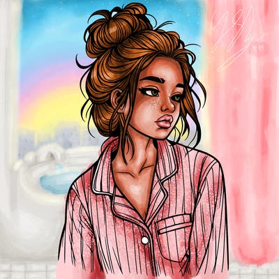 realistic woman with pajamas on and a messy bun