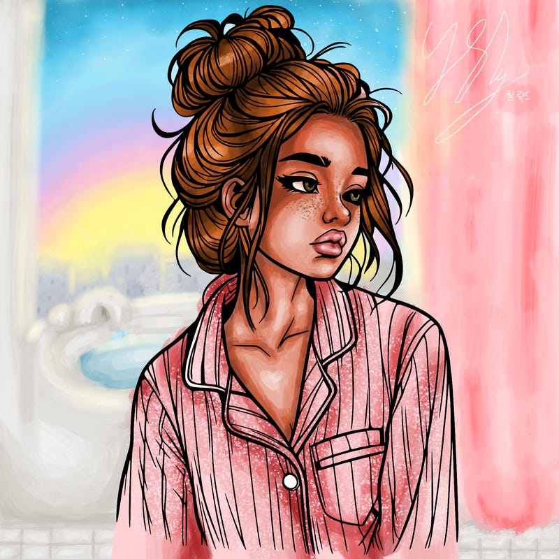 realistic woman with pajamas on and a messy bun