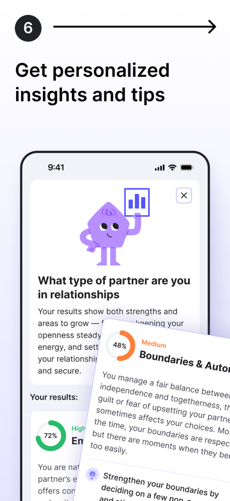 AddMileアプリのスクリーンショット。人間関係の性格診断結果とパーソナライズされた洞察を示す