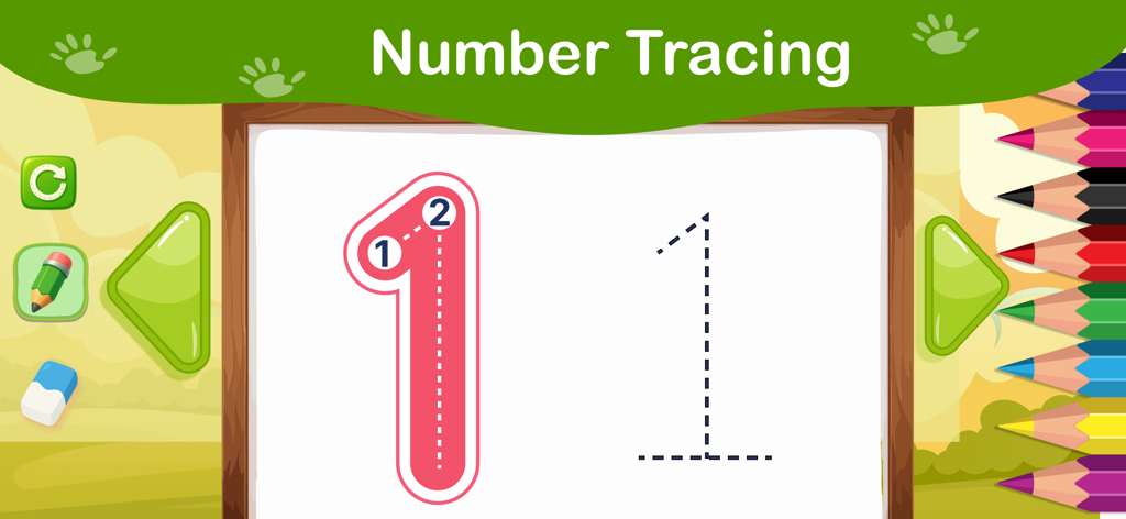 ABC Letter Tracing Games - Pantalla de aplicación educativa para niños que muestra el trazado guiado del número uno con herramientas de lápiz de colores.