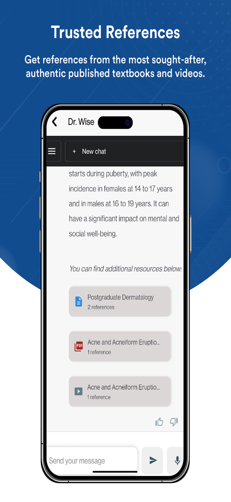 Dr.Wise - Smartphone screen showing Dr. Wise medical app with trusted textbook and video references