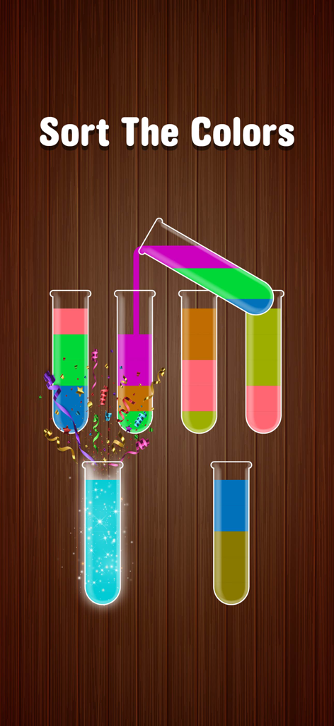 Get Color Mixer Water Sort - Una captura de pantalla del juego de puzzle Get Color Mixer Water Sort que muestra líquidos de colores siendo vertidos entre tubos de ensayo de vidrio sobre un fondo de madera.