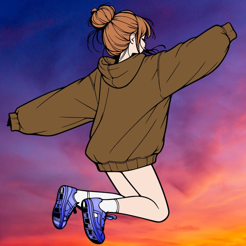 realistic girl jumping with a bun and oversized sweatshirt