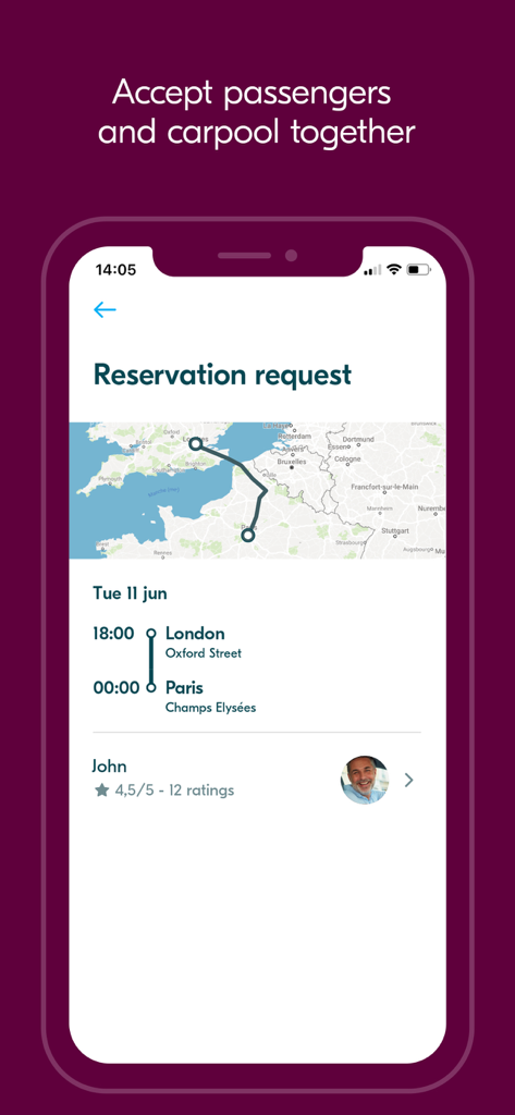 BlaBlaCar app screen showing a carpool reservation request from London to Paris with passenger details and rating