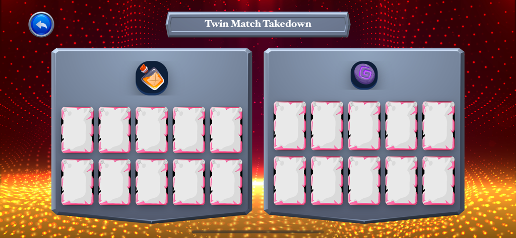 HyperLuck Slots Station - Twin Match Takedown memory game interface with two card boards on a glowing red and gold background.