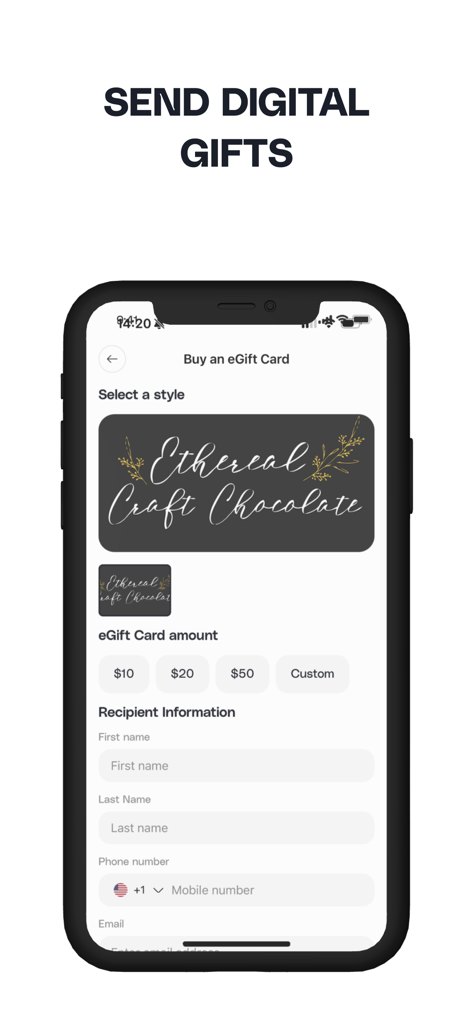 Ethereal Cafe - Mobile screen of the Ethereal Cafe app allowing users to buy and send digital gift cards with custom amounts