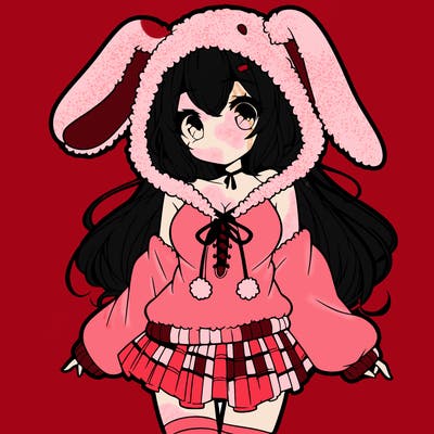 pretty anime girl wearing a fluffy hoodie with bunny ears on the hood and a skirt