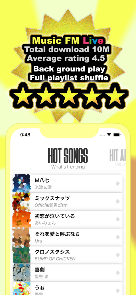 Music FM Live app interface showing trending hot songs and key features including background play and five star rating.