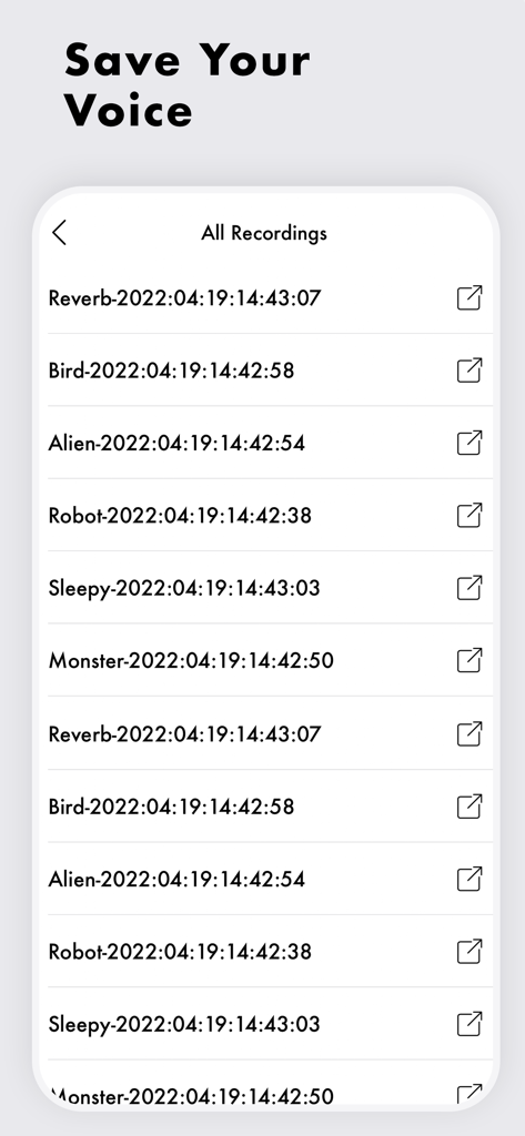 Girls Voice Changer ! - A list of saved voice recordings with various sound effects in the app