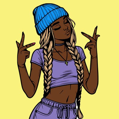 realistic teenage girl with braids and a beanie and crop top doing 🫶🏼