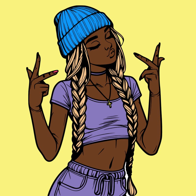 realistic teenage girl with braids and a beanie and crop top doing 🫶🏼