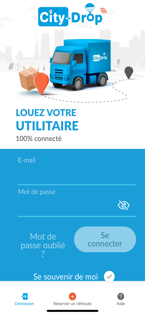 City-Drop - Tela de login do aplicativo móvel City-Drop para aluguel de veículos utilitários conectados com campos de e-mail e senha