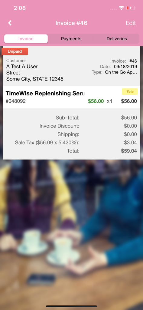 Mobile interface of the Pink Office app displaying a detailed customer invoice for a beauty product sale