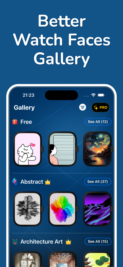 Prime Watch Faces Gallery - 無料や抽象などのカテゴリにわたるカスタムウォッチフェイスのコレクションを表示するプライムウォッチフェイスギャラリーアプリのインターフェース