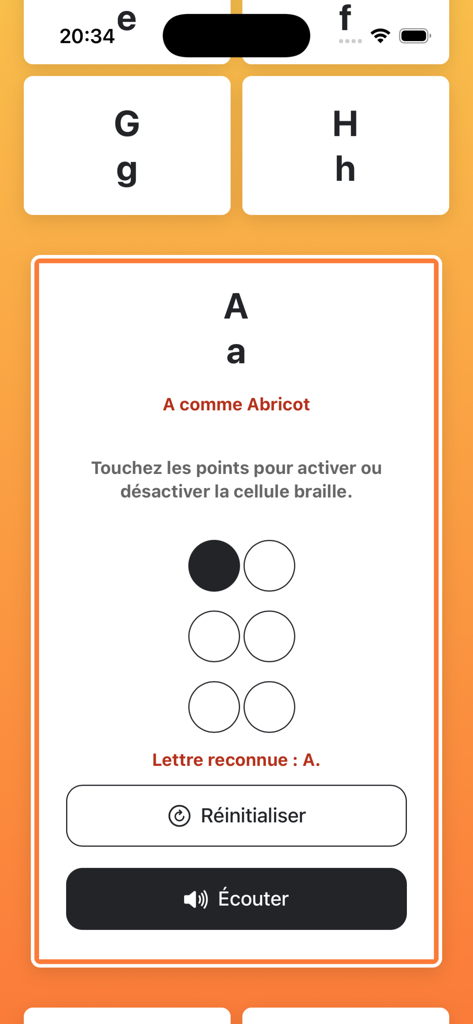 Educational interface showing a Braille learning module for the letter A in a French alphabet app