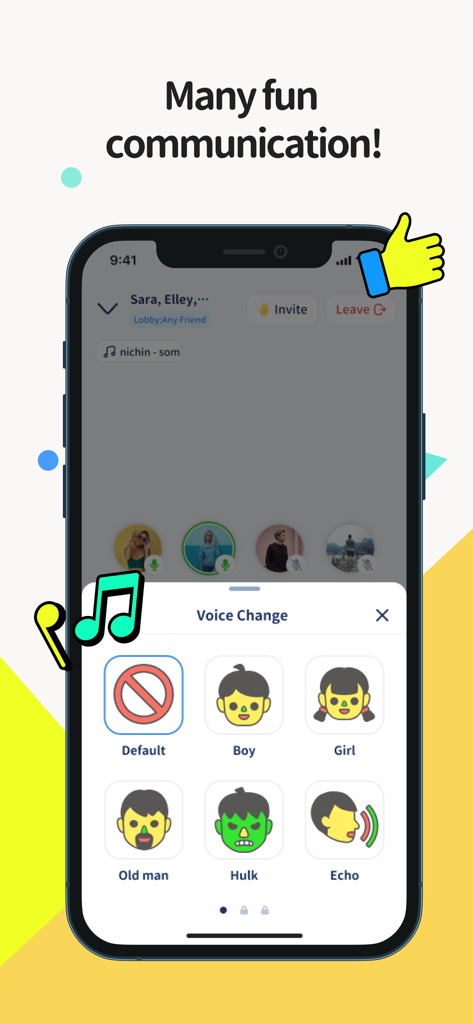 Parallel: Your Hangout Place - Interface do aplicativo Parallel mostrando vários efeitos de trocador de voz para chamadas em grupo sociais