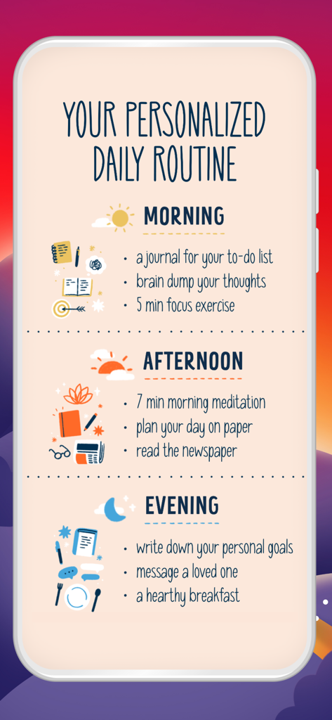Personalized daily routine example in Fabulous Habit Tracker app showing morning afternoon and evening tasks